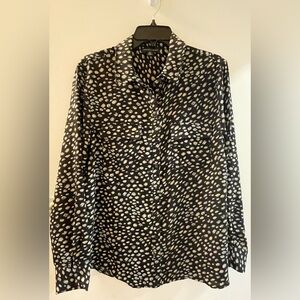 Saks Fifth Avenue Black Blouse with Beige and Light Blue Spots